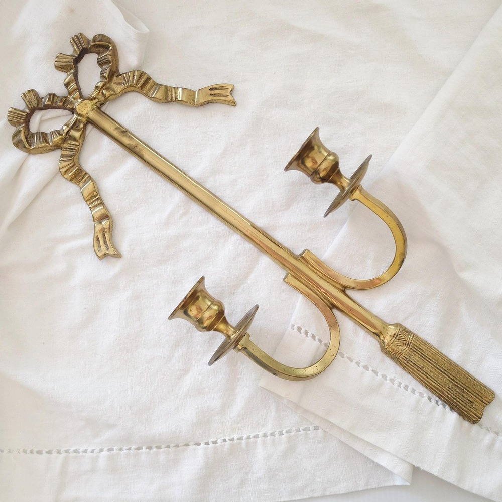 Vintage Brass Bow Candle Holder, Double Arm Wall Sconce